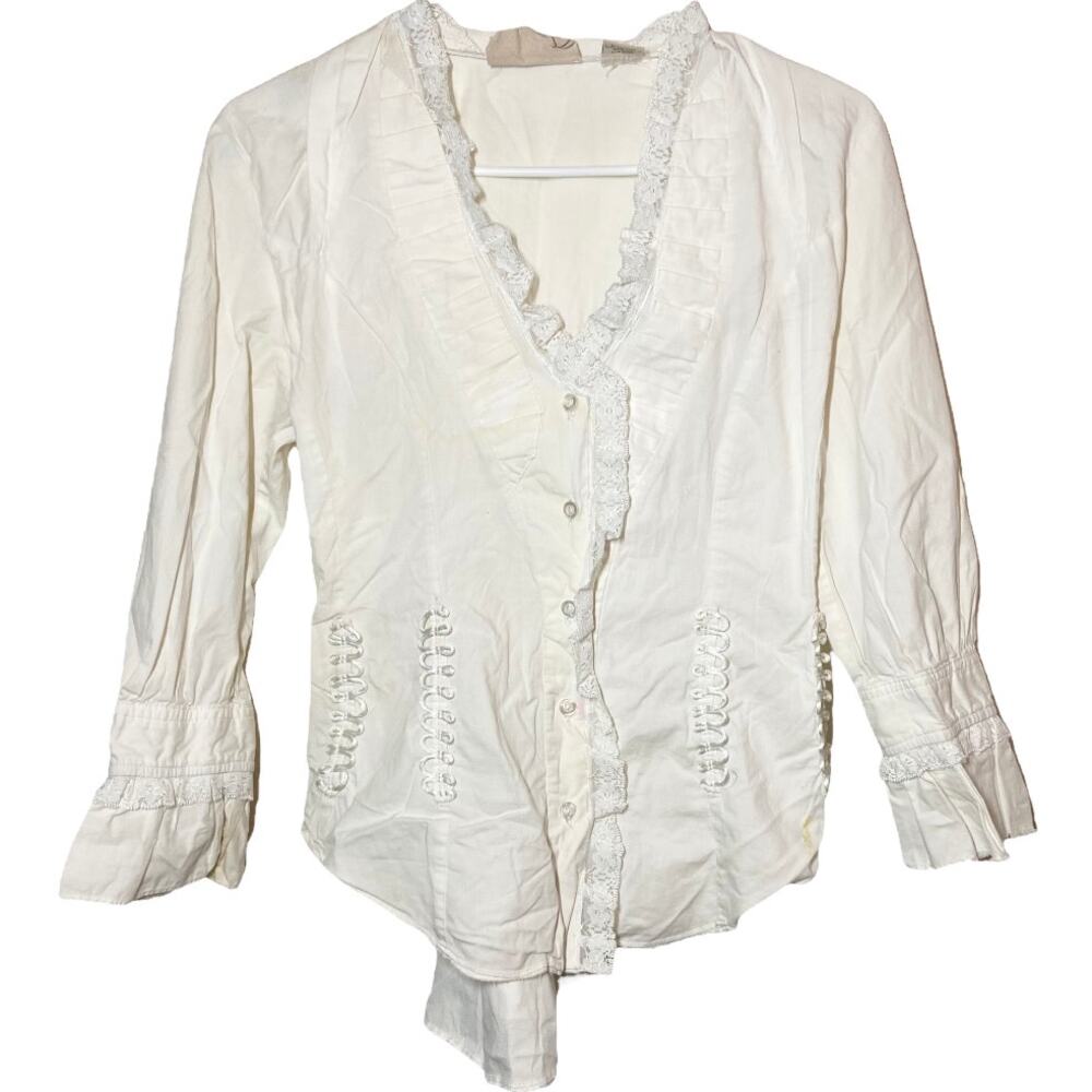 Scully Button Up Shirt Bell Sleeve Lace Trim Collarless Cinch Back White Medium
